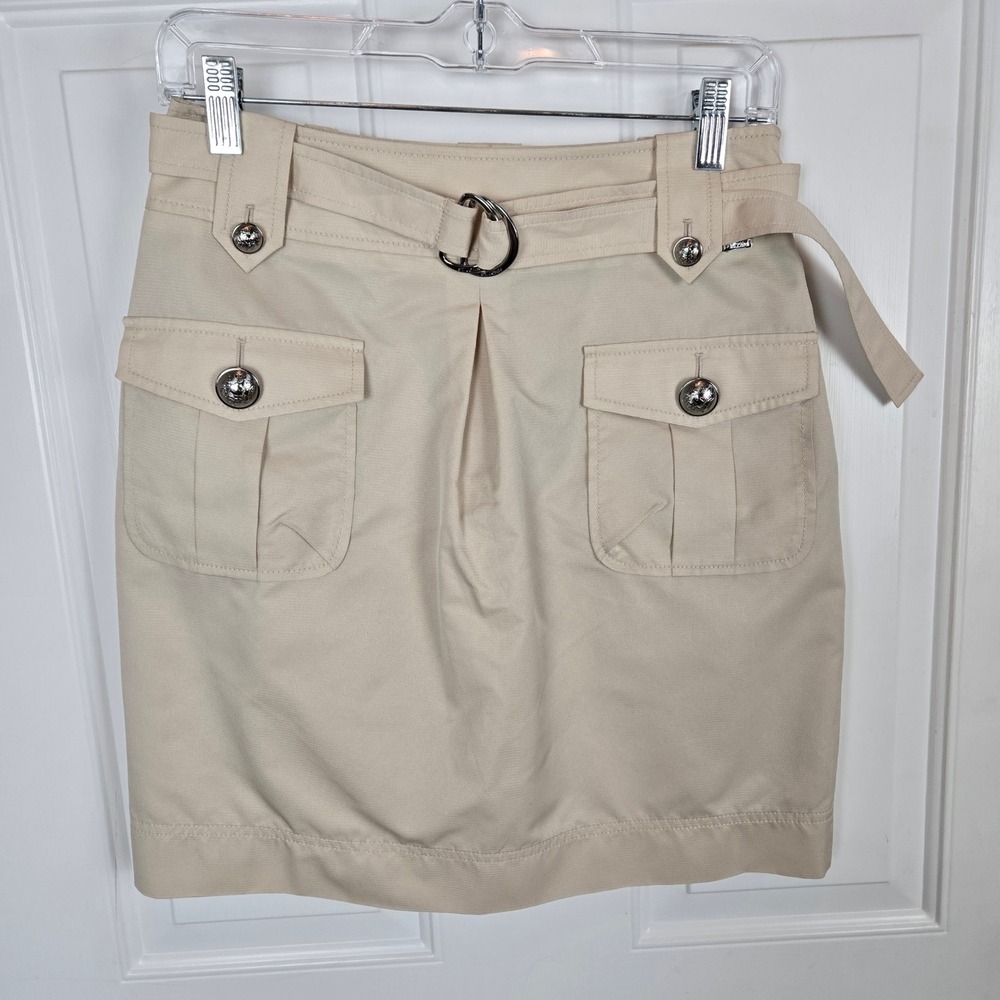 St. John Skirt Women's Size 4 Belted Cargo Pocket Utility Beige Mobwife Military